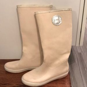 Cole Haan Rainboots Peachy Cream and white trim